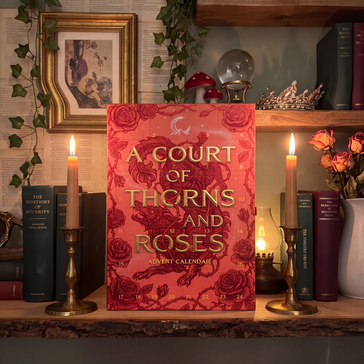 ACOTAR advent calendar box on a candlelit bookshelf