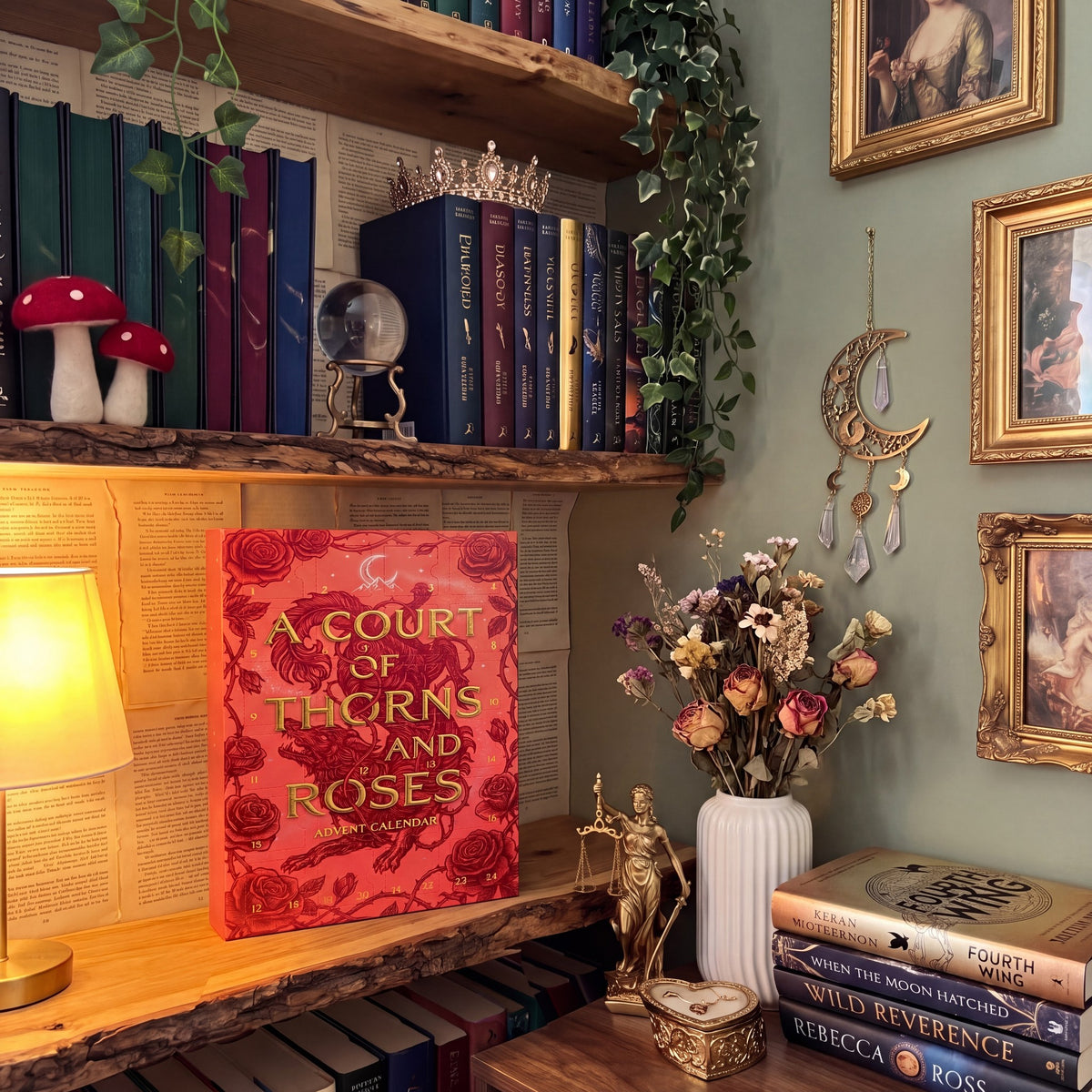Advent calendar box on a fairy-library bookshelf